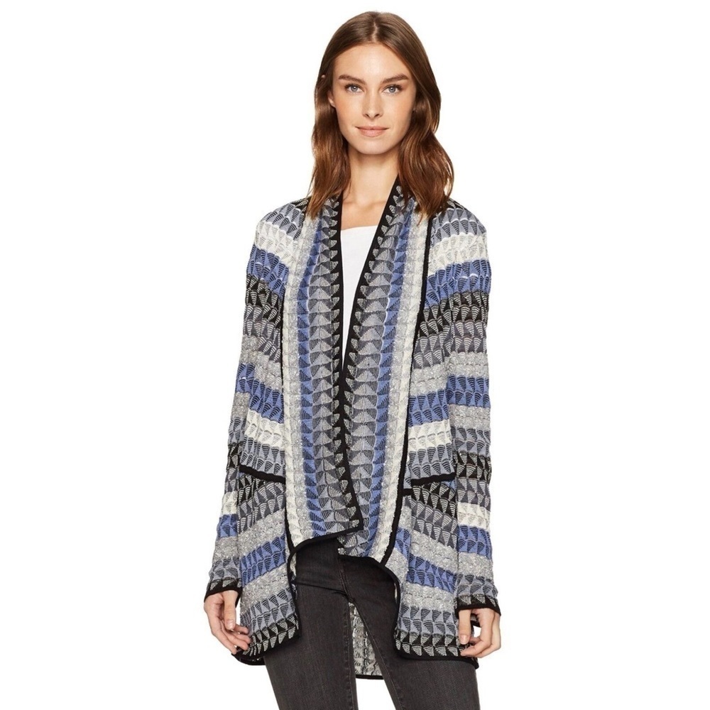 Nice + Zoe Open Cardigan Draped M Medium Linen Blend Abstract Stripes Purple